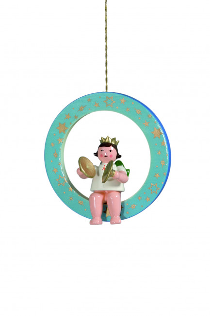 Engel mit Becken im blauen Ring mit Krone