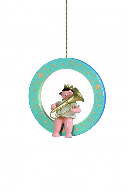 Engel mit Tuba im blauen Ring mit Krone