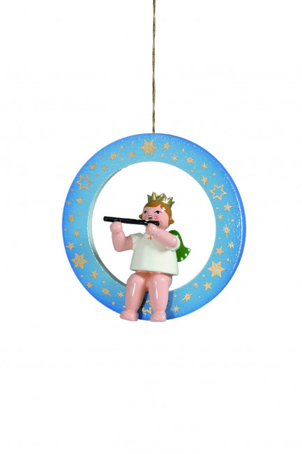 Engel mit Querflöte im blauen Ring mit Krone