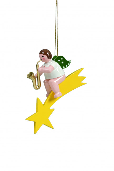 Engel mit Saxophon auf Sternschnuppe mit Krone