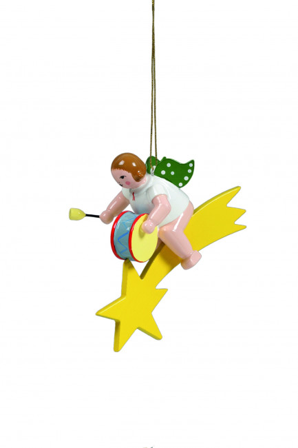 Engel mit grosser Trommel auf Sternschnuppe mit Krone