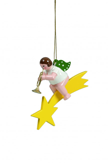 Engel mit Jazztrompete auf Sternschnuppe mit Krone