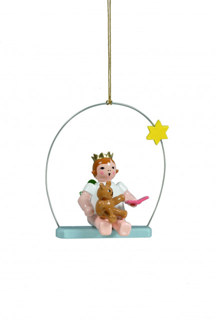 Engel mit Teddy auf Himmelsschaukel mit Krone