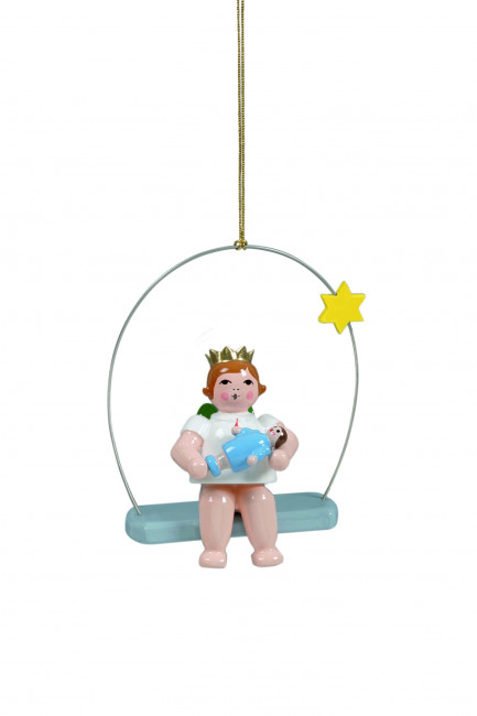 Engel mit Puppe auf Himmelsschaukel mit Krone