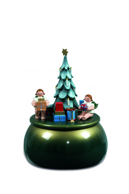  Spieldose Engel am Weihnachtsbaum grün/gold, ohne Krone