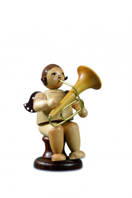 Engel sitzend mit Tuba natur mit Krone