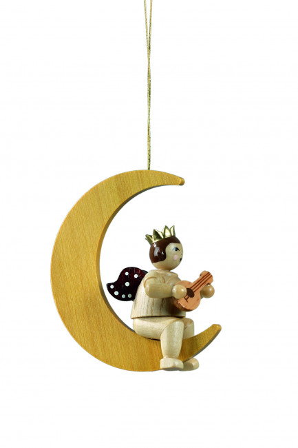 Engel auf Mond mit Mandoline natur mit Krone