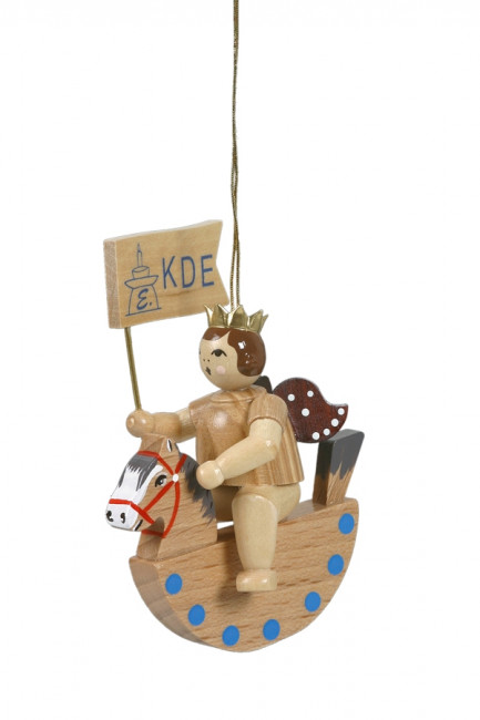 Engel auf Schaukelpferd mit Fahne natur mit Krone