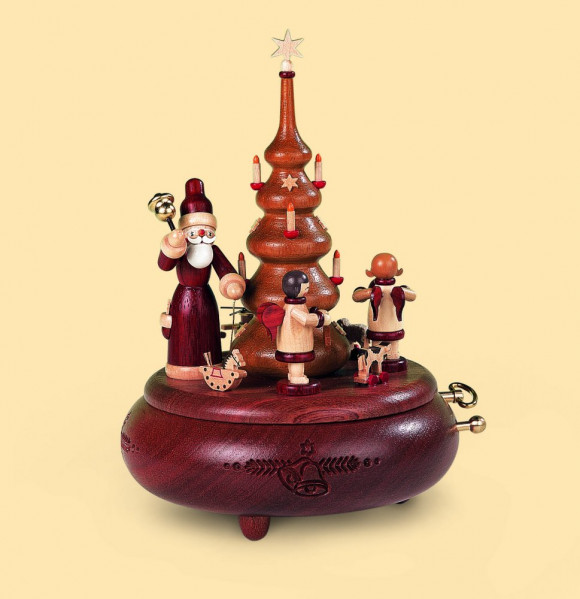 Spieldose Weihnachtsmann und Geschenkeengel natur