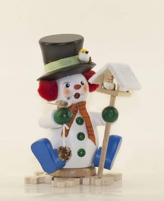 Räuchermann Schneemann mit Vogelhaus sitzend