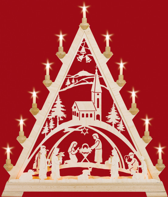 Fensterdreieck Christgeburt mit Kirche (mit Vorbeleuchtung)