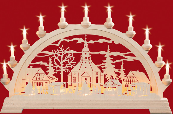 Schwibbogen Seiffener Kirche mit Weihnachtsmarkt