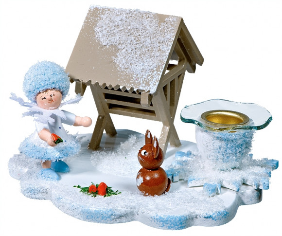 Kerzenhalter Schneeflöckchen mit Futterkrippe und Hase