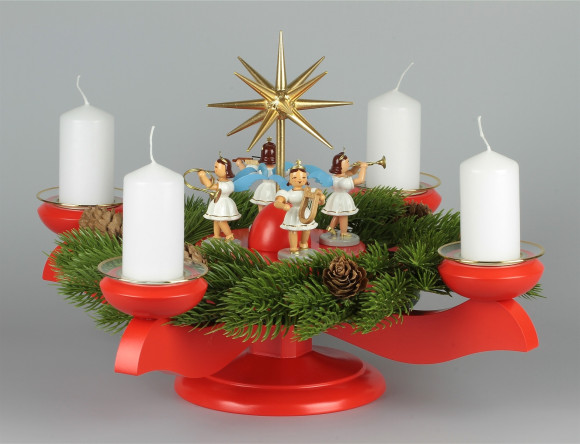 Adventsleuchter mit Blank-Engeln für Stumpenkerzen farbig, Komplettset inkl. Kranz, Glasmanschetten, Stumpenkerzen weiß