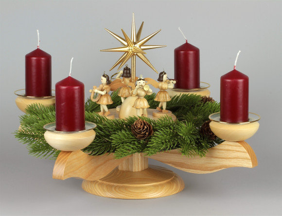 Adventsleuchter mit Blank-Engeln für Stumpenkerzen natur, Komplettset inkl. Kranz, Glasmanschetten, Stumpenkerzen rot