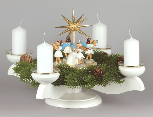 Adventsleuchter mit Blank-Engeln für Stumpenkerzen weiß, Komplettset inkl. Kranz, Glasmanschetten, Stumpenkerzen weiß