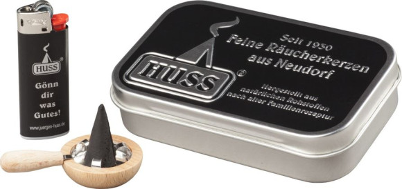 Blechdose groß mit 36 Räucherkerzen und Zubehör