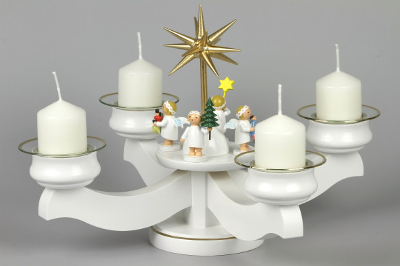 Adventsleuchter mit Wendt & Kühn Margeritenengeln für Stumpenkerzen stehend, Komplettset inkl. Glasmanschetten, Stumpenkerzen
