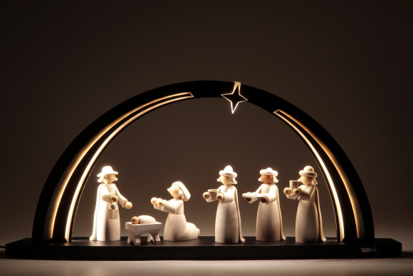 LED-Schwibbogen schwarz weiß mit Christi Geburt Figuren, groß