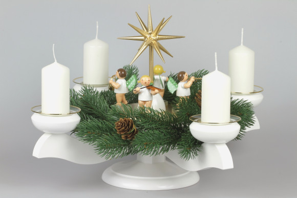 Adventsleuchter mit Wendt & Kühn Engeln für Stumpenkerzen, Komplettset inkl. Kranz, Glasmanschetten, Stumpenkerzen