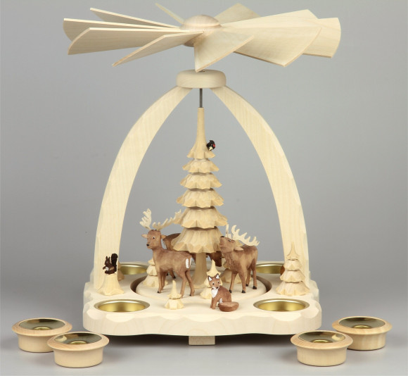 Geschnitzte Teelichtpyramide Hirsche farbig - 27 cm