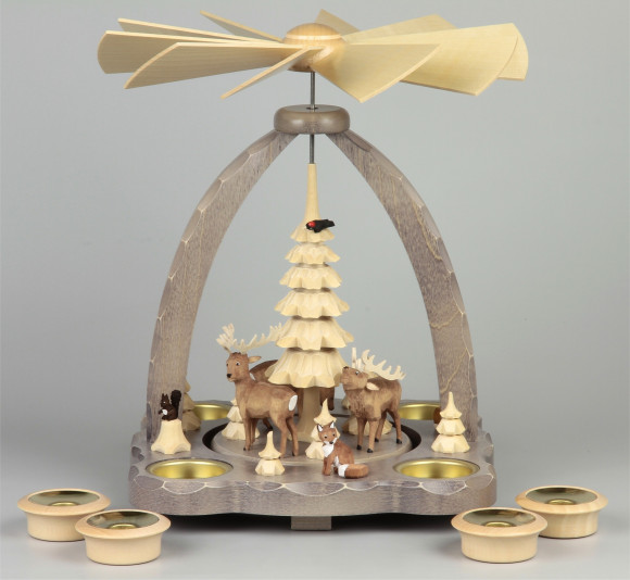 Geschnitzte Teelichtpyramide Hirsche grau - 27 cm