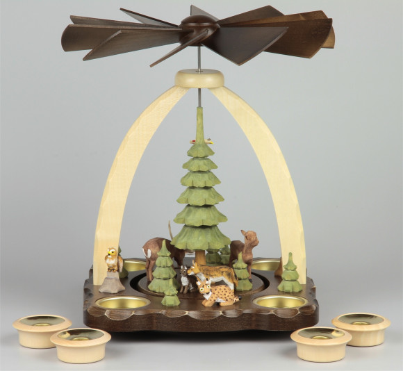 Geschnitzte Teelichtpyramide Rotwild braun - 27 cm