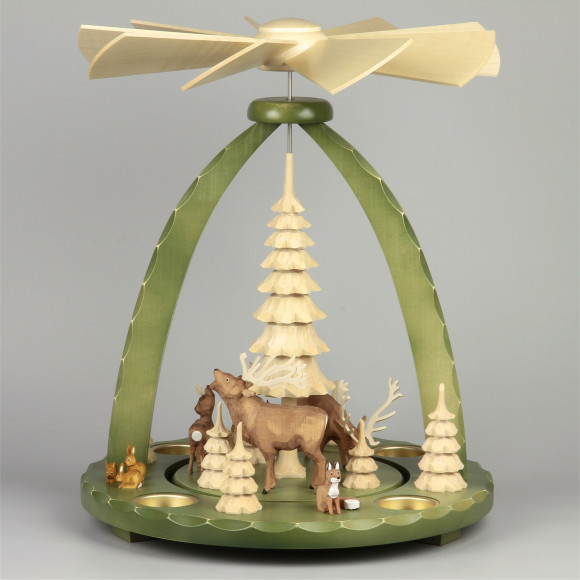 Geschnitzte Teelichtpyramide Hirsche grün - 37 cm