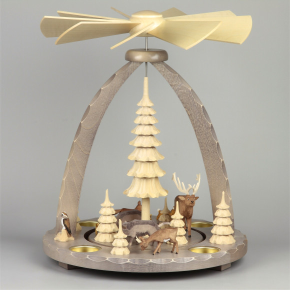 Geschnitzte Teelichtpyramide Wildtiere grau - 37 cm