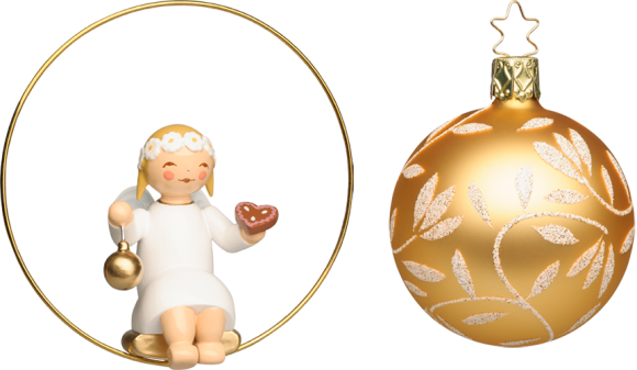 Margeritenengel im Ring mit Lebkuchenherz und Kugel - Glasglocke gold Set