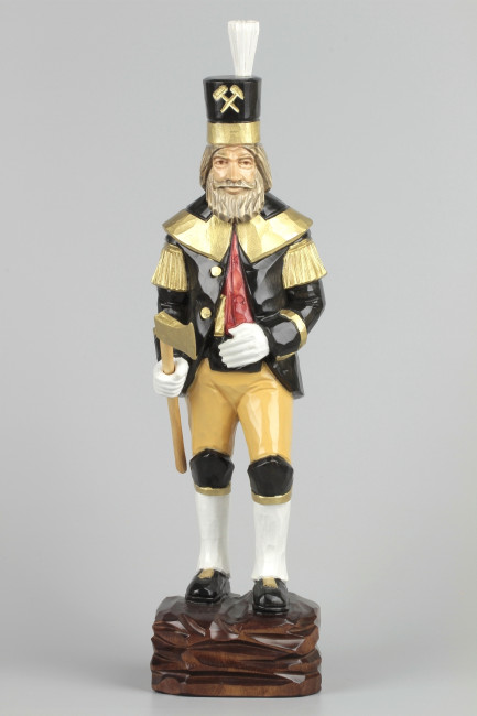 Geschnitzter Bergmann, farbig, Haar farbig, Hut schwarz, 34 cm