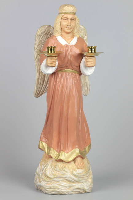 Geschnitzter Engel mit Messing-Kerzenhaltern, 31 cm
