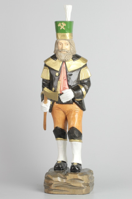 Geschnitzter Bergmann, farbig, Haar farbig, Hut grün, 34 cm