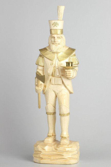 Geschnitzter Bergmann mit Messing-Kerzenhalter, natur, 34 cm