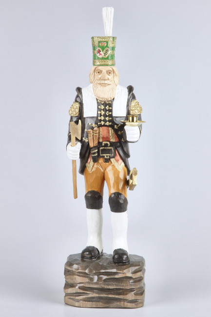 Geschnitzter Bergmann mit Messing-Kerzenhalter, farbig, Haar natur, Exklusiv - 47 cm