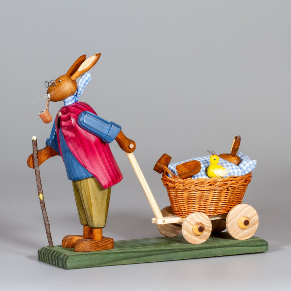 Osterhasengroßvater mit Baby im Wagen, limitiert, blau