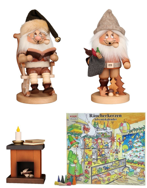 Räuchermännchen Wichtel im Schaukelstuhl mit Kamin + Wichtel Naturbursche + KNOX Adventskalender