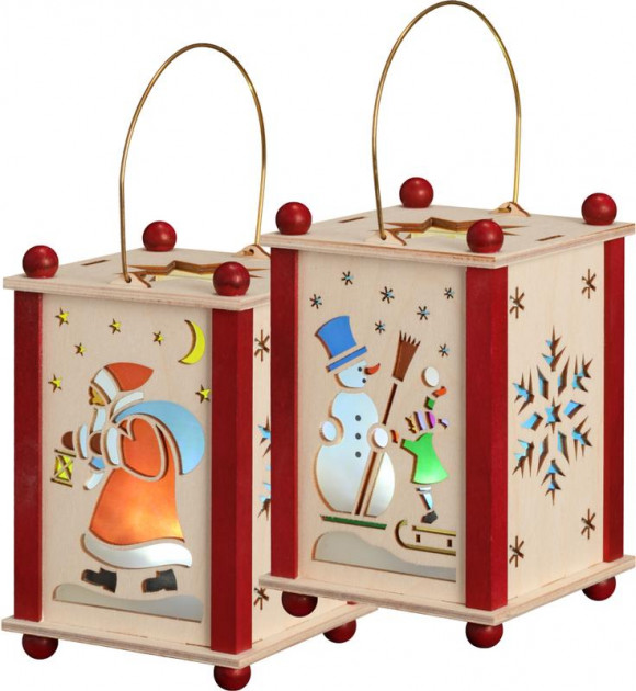 Erzgebirgische Laterne Weihnachtsmann und Schneemann mit LED-Licht