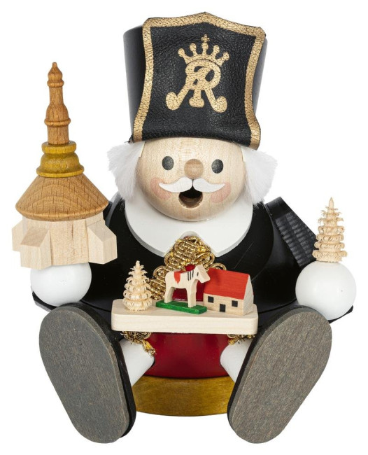Kugelrauchmann Bergmann mit Seiffener Kirche und Spielzeug sitzend