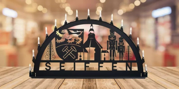 LED Metall Außenschwibbogen Stadtmotiv Seiffen 1,50 x 0,75 Meter