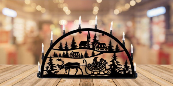 LED Metall Außenschwibbogen Weihnachtsmann mit Kutsche 1,00 x 0,50 Meter