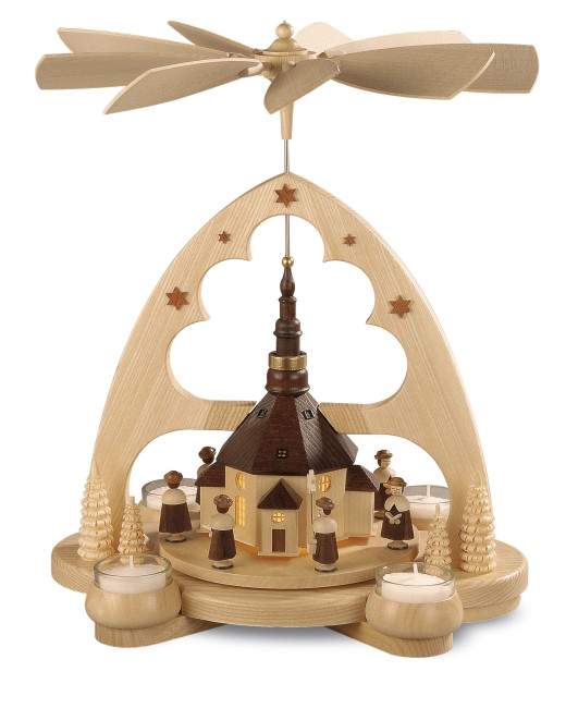 Teelicht-Bogenpyramide Seiffener Kirche mit LED-Beleuchtung