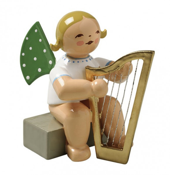 Engel mit Harfe sitzend, blondes Haar