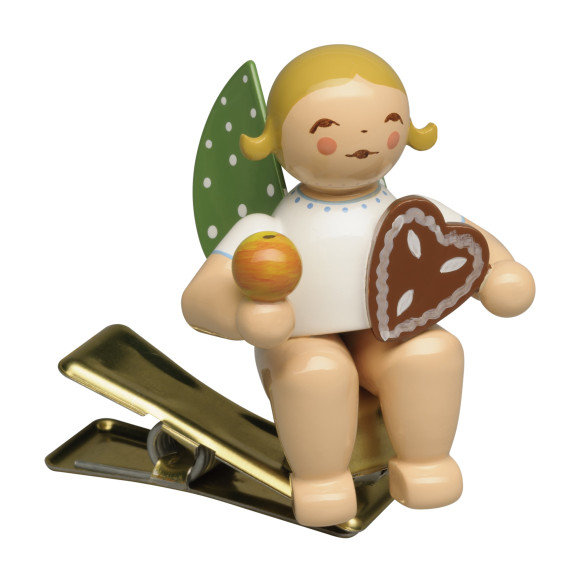 Engel mit Lebkuchen und Apfel auf Klemme, blondes Haar