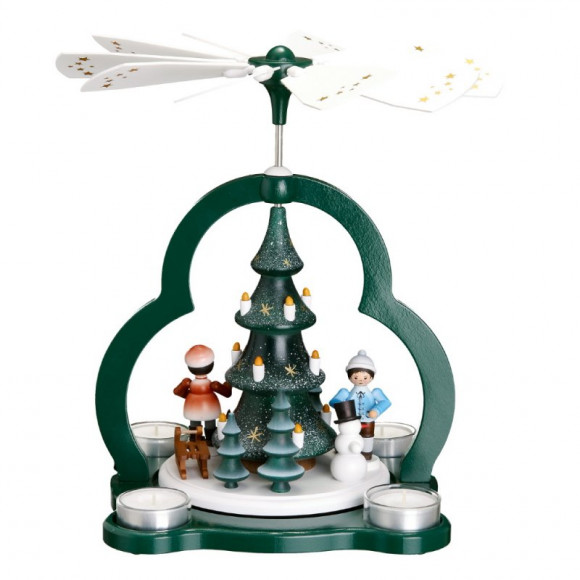 Teelichtpyramide grün mit Baum und Winterkindern