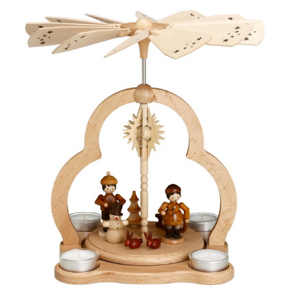 Teelichtpyramide natur mit Winterkindern