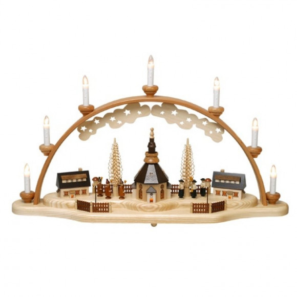 Schwibbogen mit beleuchteter Seiffener Kirche