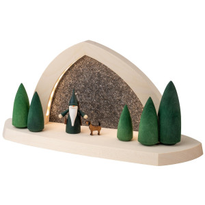 Seiffener Volkskunst LED-Gesteinsbogen 31 cm Breite, natur, Jägerwichtel und Hund USB-C