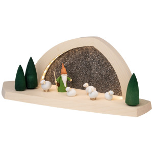 Seiffener Volkskunst LED-Gesteinsbogen Breite 37 cm, natur, Schäferwichtel und Schafen USB-C