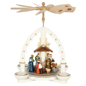 Weihnachtspyramide Heilige Drei Könige für Teelicht und Kerzen weiß - 27 cm